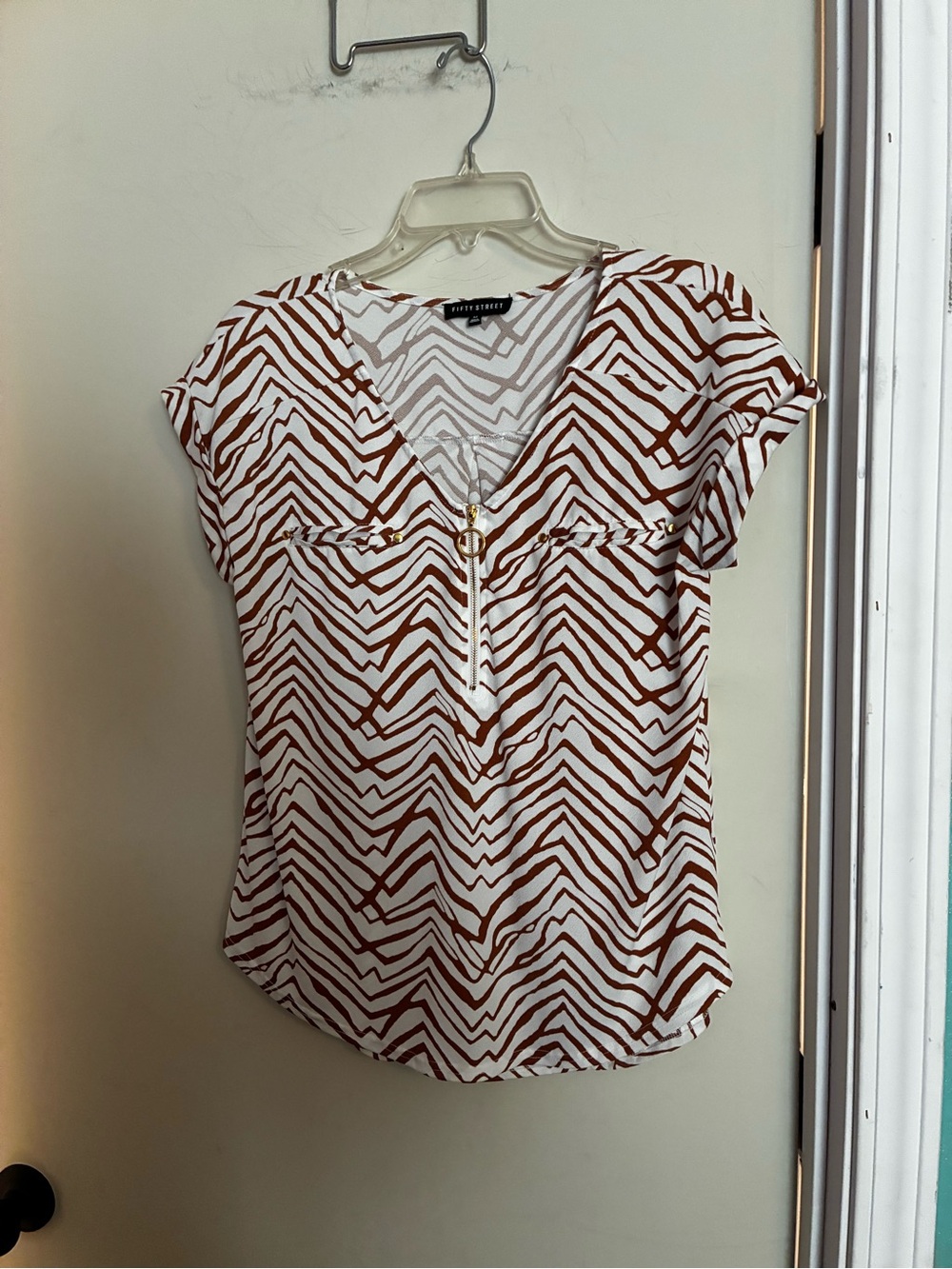 Fifty Street Cream and Brown Zebra-Print V-Neck Zip Top